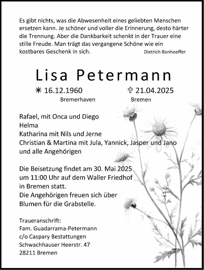 Traueranzeige für Elisabeth Petermann, 16.12.1960 - 21.4.2025
