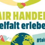 Webbanner Schriftzug mit bunten Bildern wie z.B. Erdkugel, Bäume, Ernte, Friedenstaube zur Fairen Woche 2025 mit dem Motto Fair Handeln Vielfalt erleben