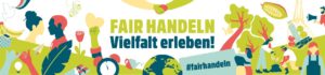 Webbanner Schriftzug mit bunten Bildern wie z.B. Erdkugel, Bäume, Ernte, Friedenstaube zur Fairen Woche 2025 mit dem Motto Fair Handeln Vielfalt erleben